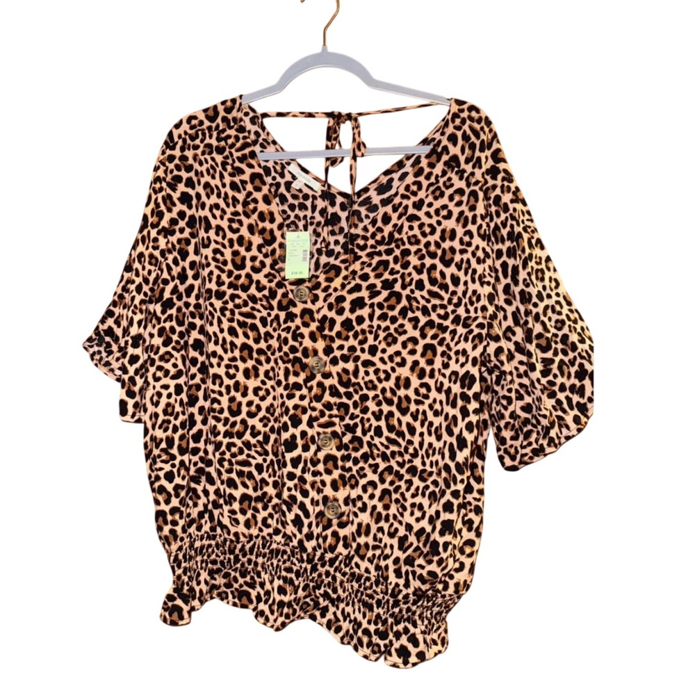 Maurices Leopard Print Blouse 2X Brown Smocked Hem Button Front NWT